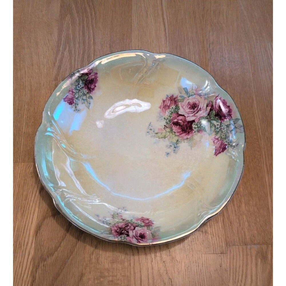 Sevres Green Porcelain 10" Serving Bowl Hand Painted Nouveau Pink Roses Gold Rim